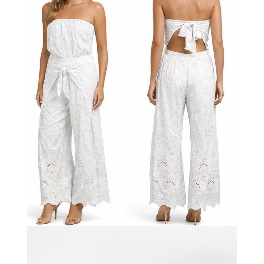 Y F B Ellis Sz M Eyelet Strapless Palazzo Jumpsuit BohoChic Resort Fairycore